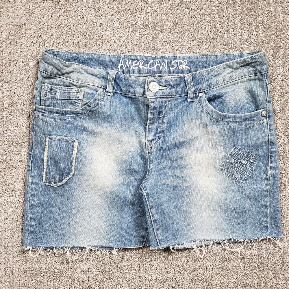 American Star Shorts Juniors 13 Blue Cut Off Vintage Y2K Patchwork Denim 34W
